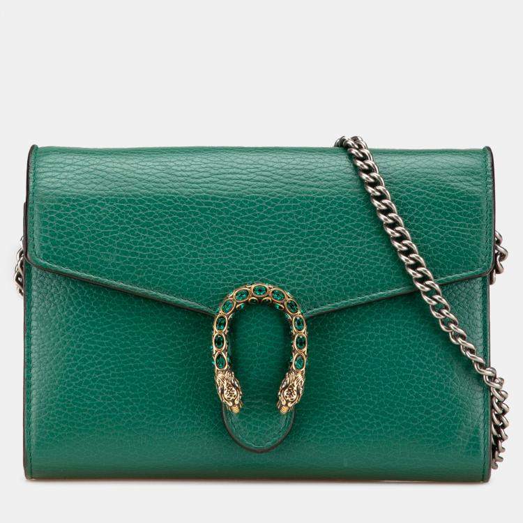 Pre Owned Gucci Green Mini Leather Dionysus Wallet on Chain