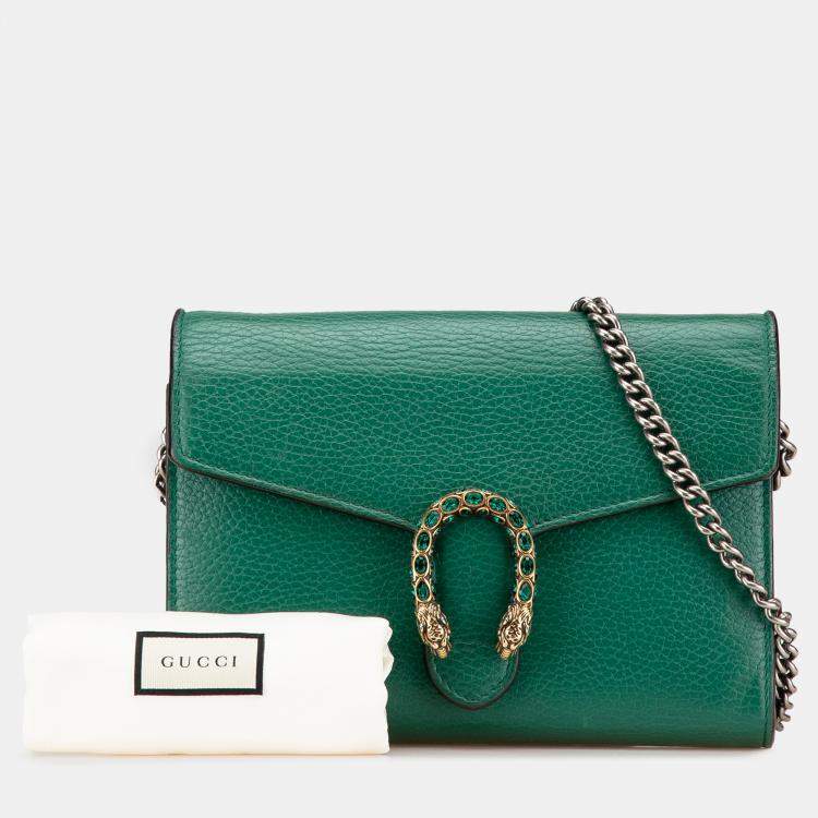Pre Owned Gucci Green Mini Leather Dionysus Wallet on Chain