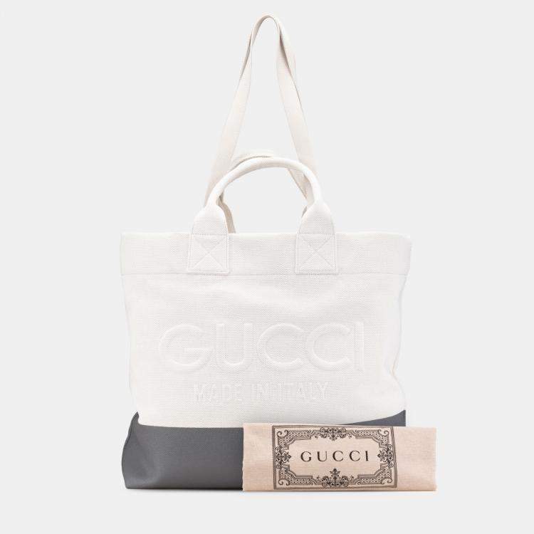 Pre Owned Gucci Grey White Canvas Embossed Logo Tote