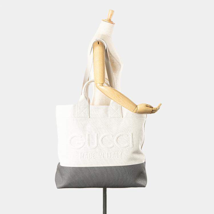 Pre Owned Gucci Grey White Canvas Embossed Logo Tote