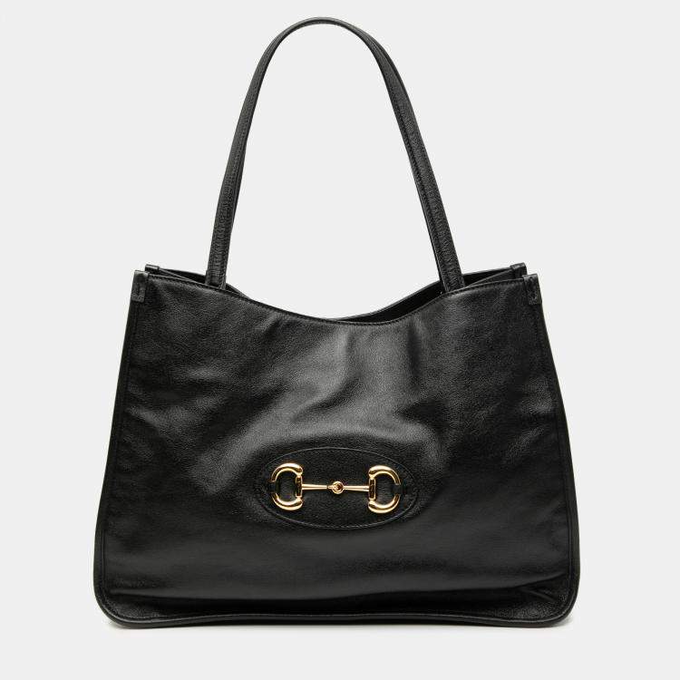 Pre Owned Gucci Black Medium Leather Horsebit 1955 Tote
