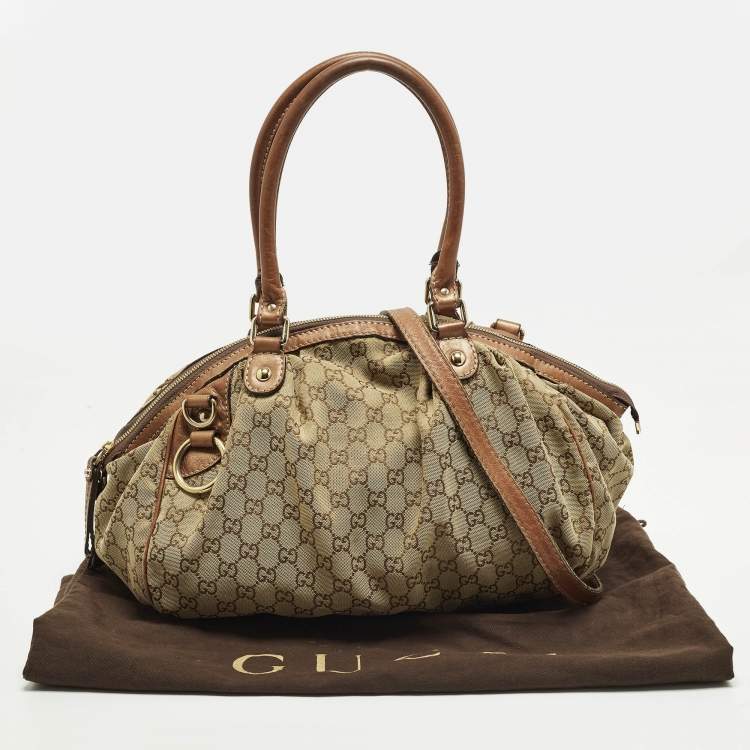 Pre Owned Gucci Sukey Medium Beige/Bronze GG Canvas and Leather Bag