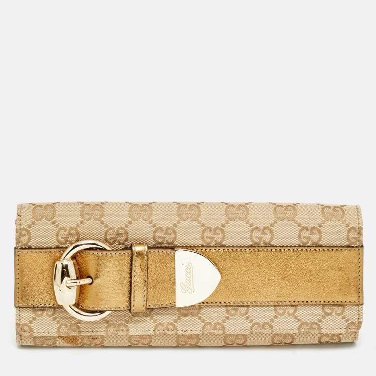 Pre Owned Gucci Romy Buckle Beige/Bronze GG Canvas and Leather Clutch