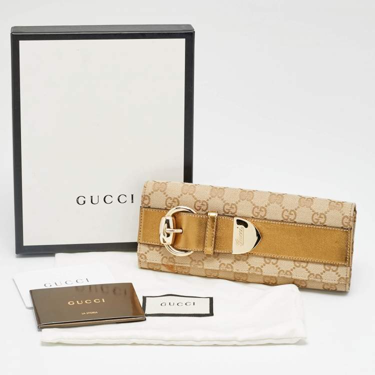 Pre Owned Gucci Romy Buckle Beige/Bronze GG Canvas and Leather Clutch