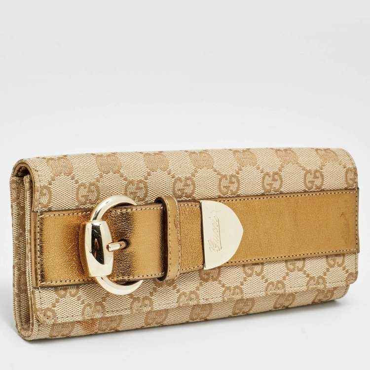Pre Owned Gucci Romy Buckle Beige/Bronze GG Canvas and Leather Clutch