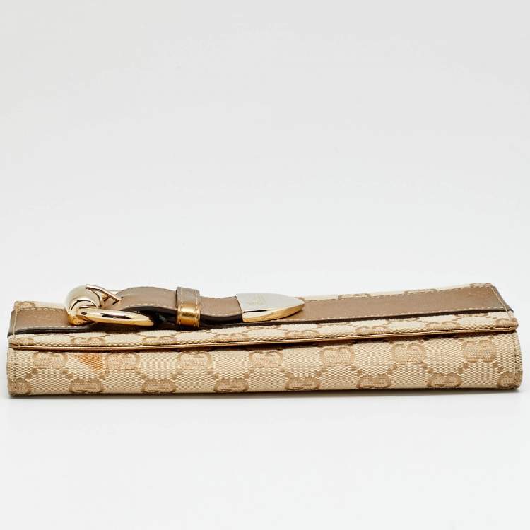 Pre Owned Gucci Romy Buckle Beige/Bronze GG Canvas and Leather Clutch