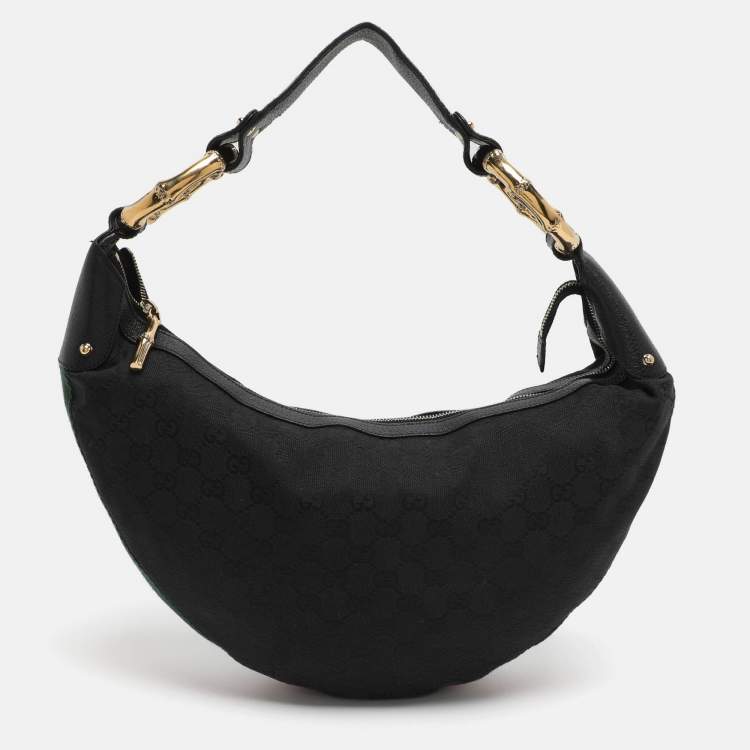 Pre Owned Gucci Bamboo Ring Black GG Canvas and Leather Hobo