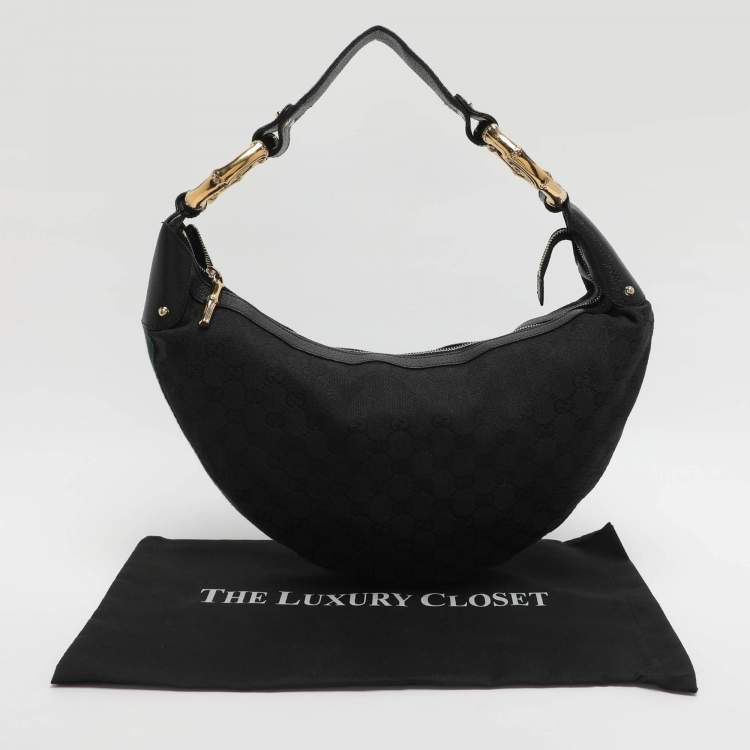 Pre Owned Gucci Bamboo Ring Black GG Canvas and Leather Hobo