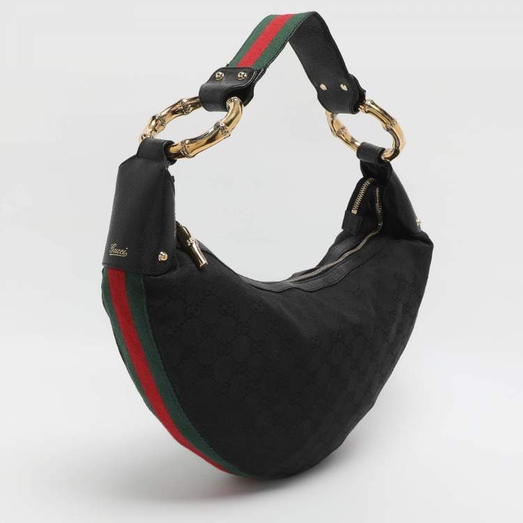 Pre Owned Gucci Bamboo Ring Black GG Canvas and Leather Hobo