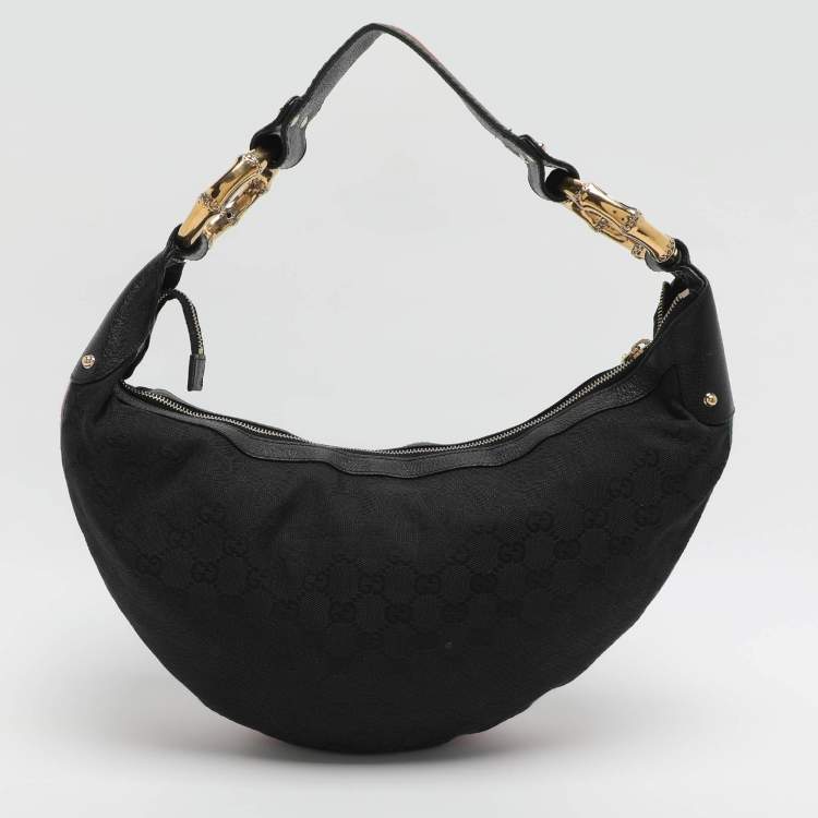 Pre Owned Gucci Bamboo Ring Black GG Canvas and Leather Hobo