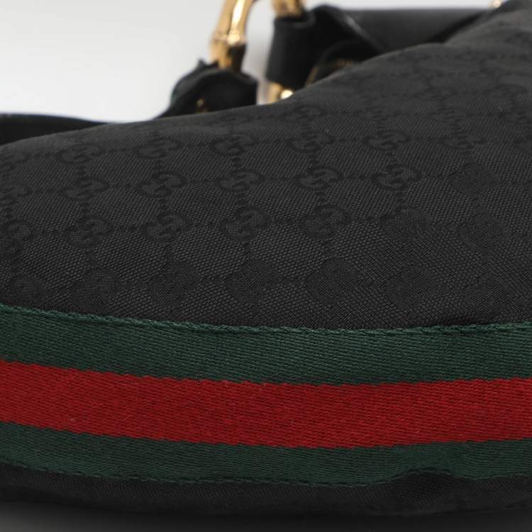 Pre Owned Gucci Bamboo Ring Black GG Canvas and Leather Hobo
