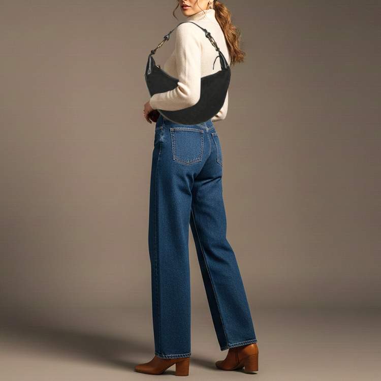 Pre Owned Gucci Bamboo Ring Black GG Canvas and Leather Hobo