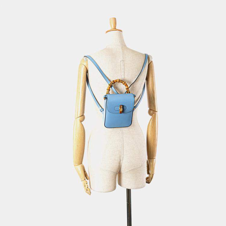 Pre Owned Gucci Blue Mini Calfskin Bamboo Top Handle Bag