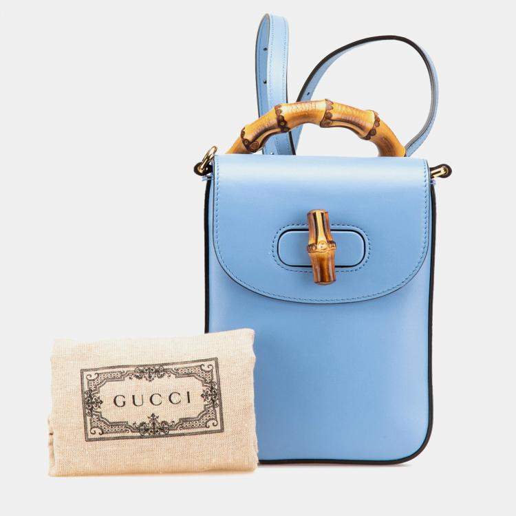 Pre Owned Gucci Blue Mini Calfskin Bamboo Top Handle Bag