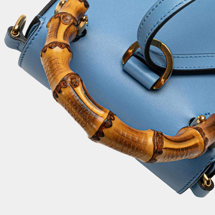 Pre Owned Gucci Blue Mini Calfskin Bamboo Top Handle Bag