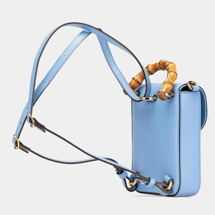 Pre Owned Gucci Blue Mini Calfskin Bamboo Top Handle Bag