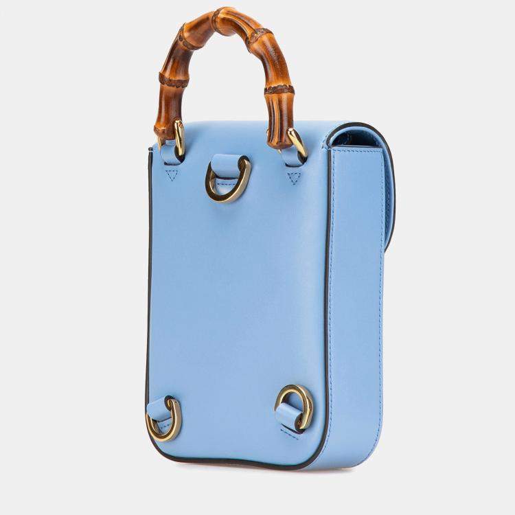Pre Owned Gucci Blue Mini Calfskin Bamboo Top Handle Bag