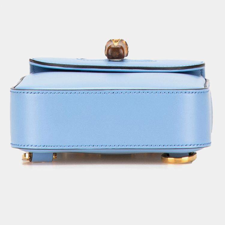 Pre Owned Gucci Blue Mini Calfskin Bamboo Top Handle Bag