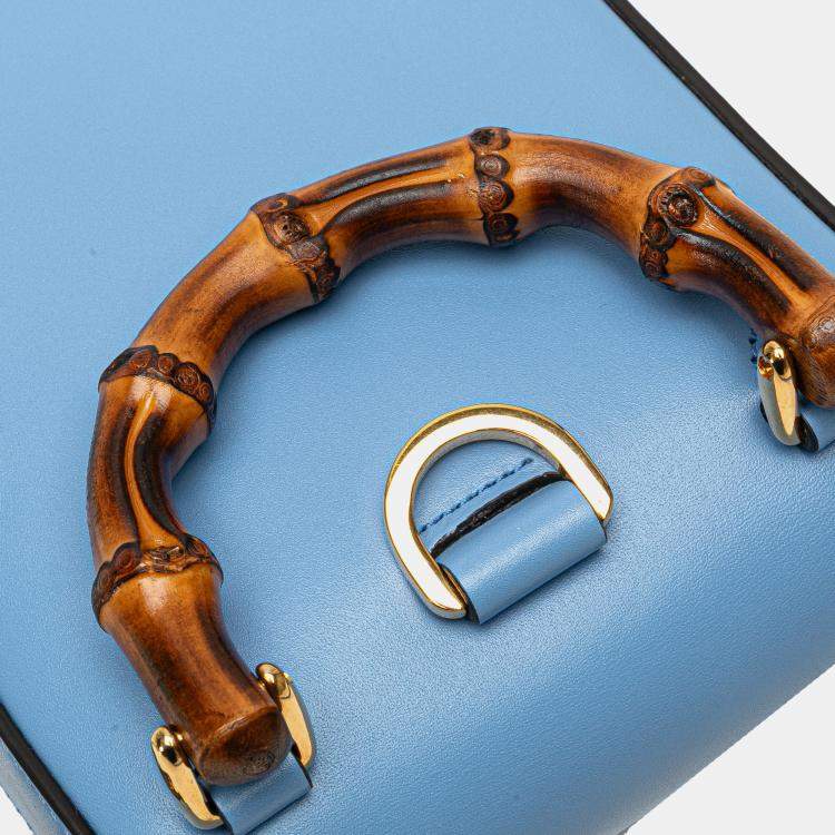 Pre Owned Gucci Blue Mini Calfskin Bamboo Top Handle Bag