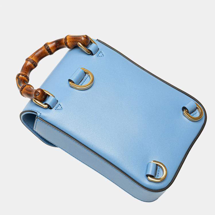 Pre Owned Gucci Blue Mini Calfskin Bamboo Top Handle Bag