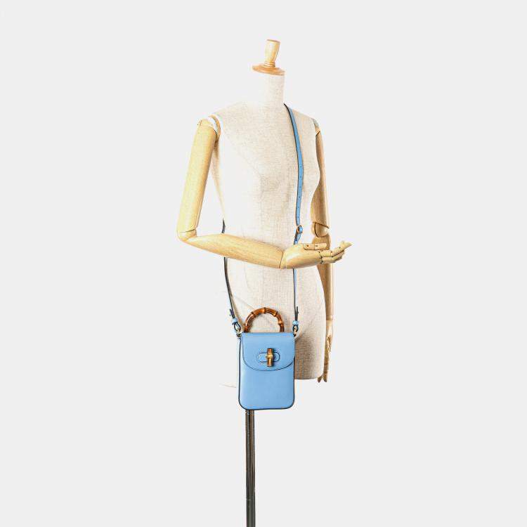 Pre Owned Gucci Blue Mini Calfskin Bamboo Top Handle Bag