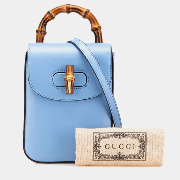 Pre Owned Gucci Blue Mini Calfskin Bamboo Top Handle Bag