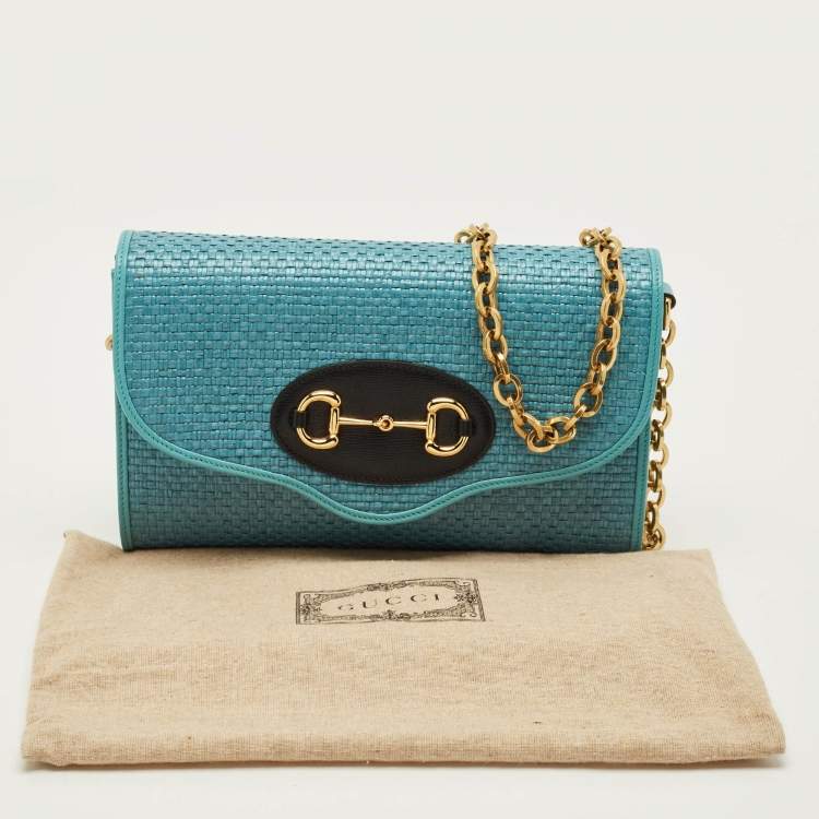 Pre Owned Gucci Horsebit 1955 Blue Woven Straw Chain Clutch