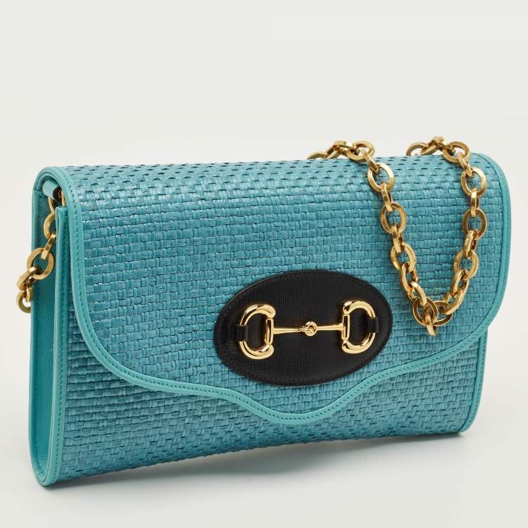 Pre Owned Gucci Horsebit 1955 Blue Woven Straw Chain Clutch