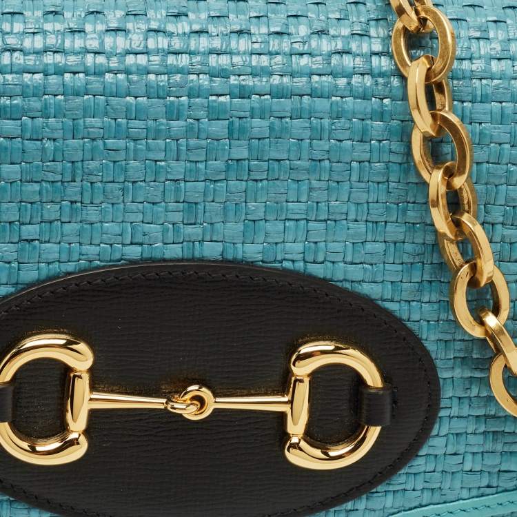 Pre Owned Gucci Horsebit 1955 Blue Woven Straw Chain Clutch