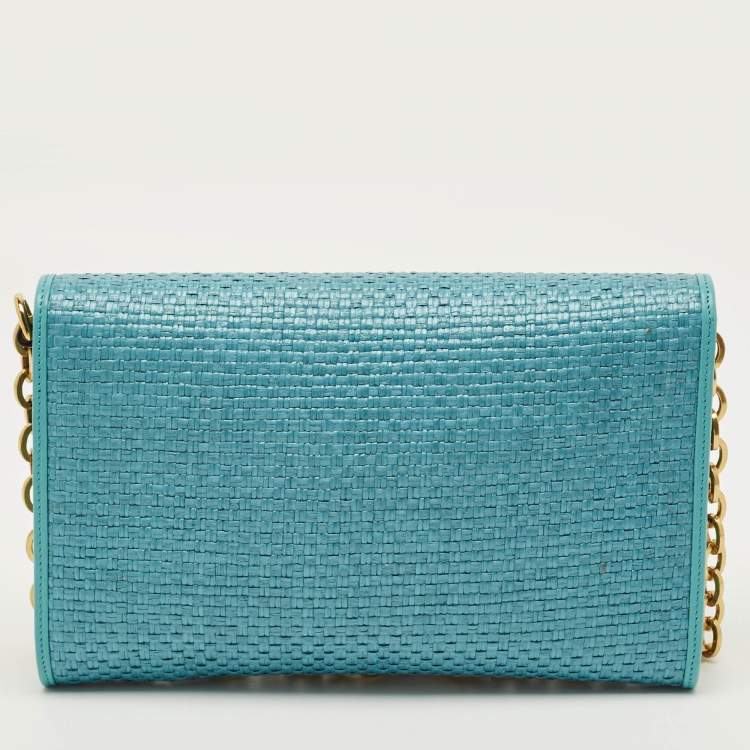 Pre Owned Gucci Horsebit 1955 Blue Woven Straw Chain Clutch