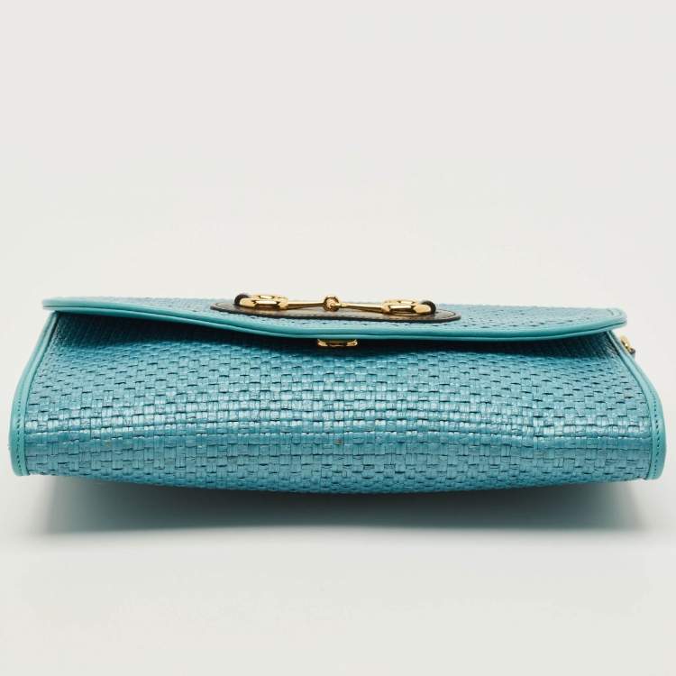 Pre Owned Gucci Horsebit 1955 Blue Woven Straw Chain Clutch