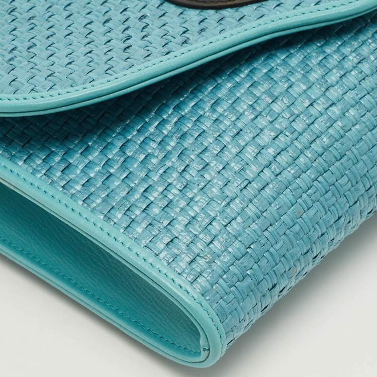 Pre Owned Gucci Horsebit 1955 Blue Woven Straw Chain Clutch