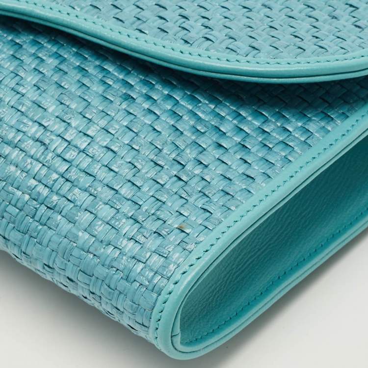 Pre Owned Gucci Horsebit 1955 Blue Woven Straw Chain Clutch