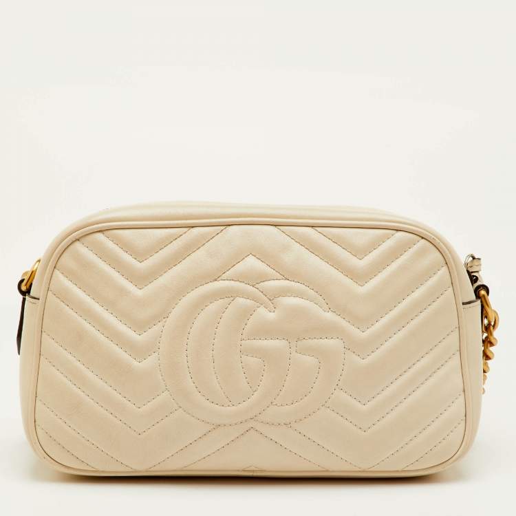Pre Owned Gucci GG Marmont Small Cream Leather Camera Bag