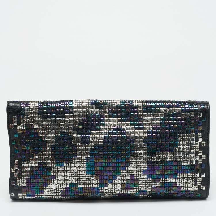Pre Owned Gucci Black/Multicolor Leather and Sequins Flap Clutch
