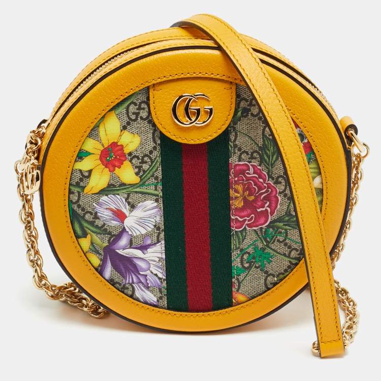 Pre Owned Gucci Ophidia Flora Mini Yellow GG Supreme Canvas and Leather Round Bag