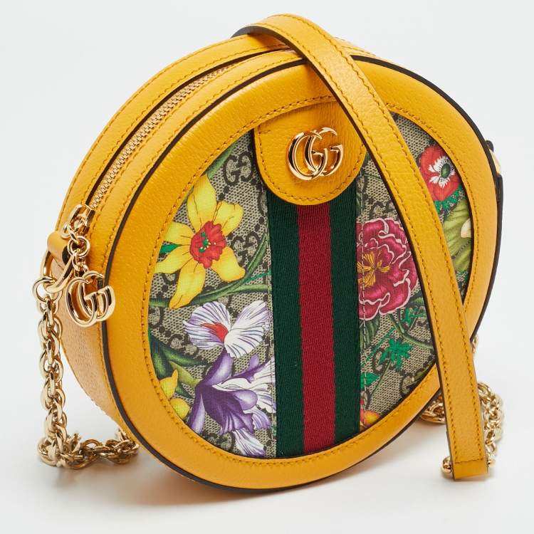 Pre Owned Gucci Ophidia Flora Mini Yellow GG Supreme Canvas and Leather Round Bag