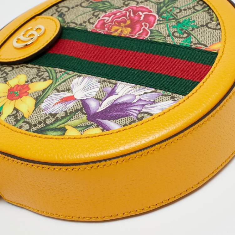 Pre Owned Gucci Ophidia Flora Mini Yellow GG Supreme Canvas and Leather Round Bag