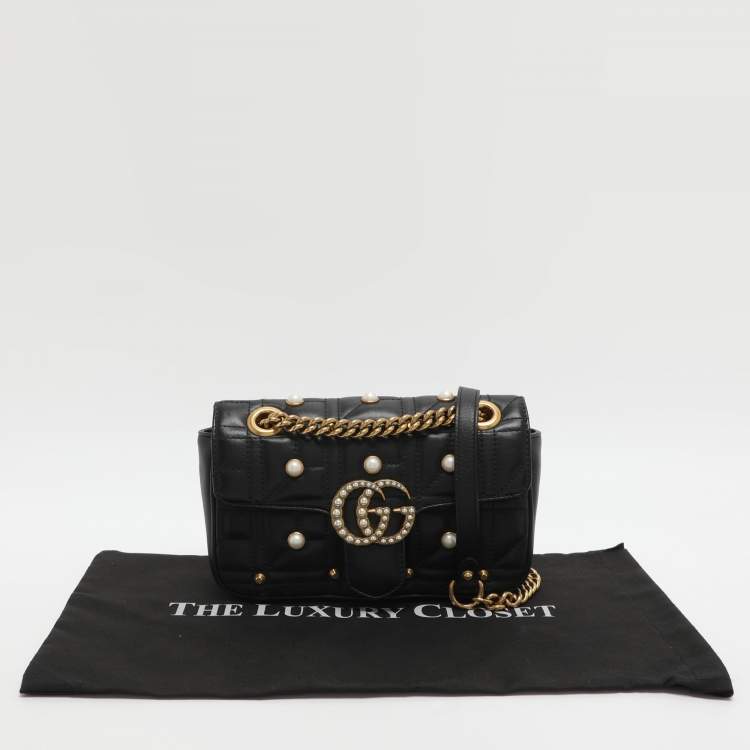 Pre Owned Gucci GG Pearl Marmont Flap Mini Black Matelassé Leather Shoulder Bag
