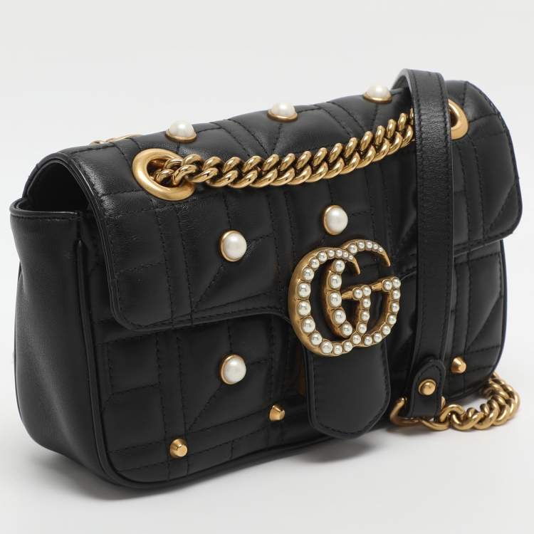 Pre Owned Gucci GG Pearl Marmont Flap Mini Black Matelassé Leather Shoulder Bag