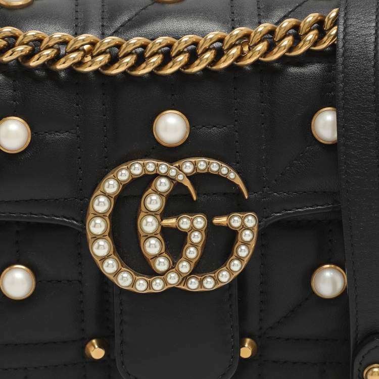 Pre Owned Gucci GG Pearl Marmont Flap Mini Black Matelassé Leather Shoulder Bag