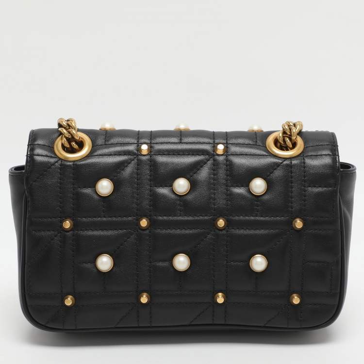 Pre Owned Gucci GG Pearl Marmont Flap Mini Black Matelassé Leather Shoulder Bag