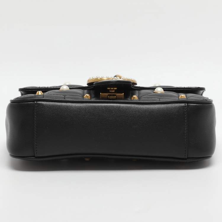 Pre Owned Gucci GG Pearl Marmont Flap Mini Black Matelassé Leather Shoulder Bag