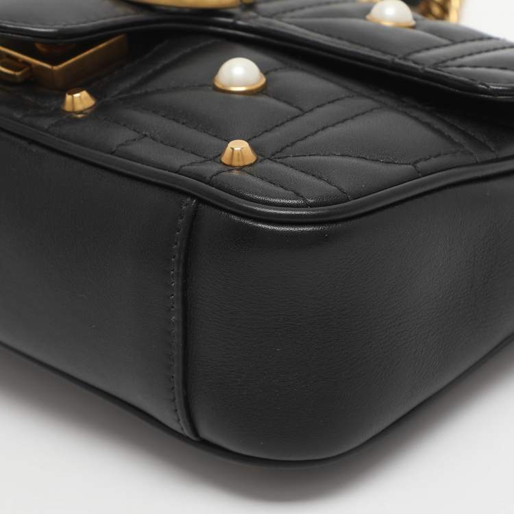 Pre Owned Gucci GG Pearl Marmont Flap Mini Black Matelassé Leather Shoulder Bag