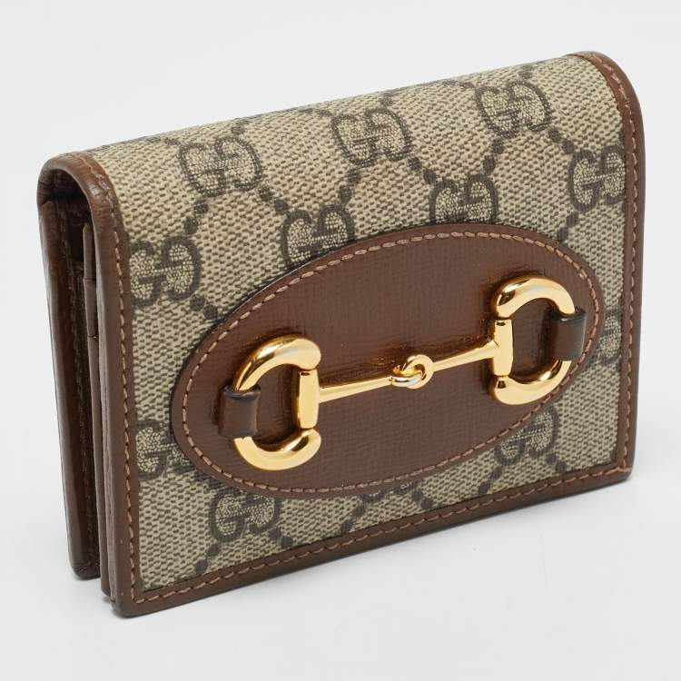 Pre Owned Gucci Horsebit 1955 Brown/Beige GG Supreme Canvas and Leather Flap Card Case