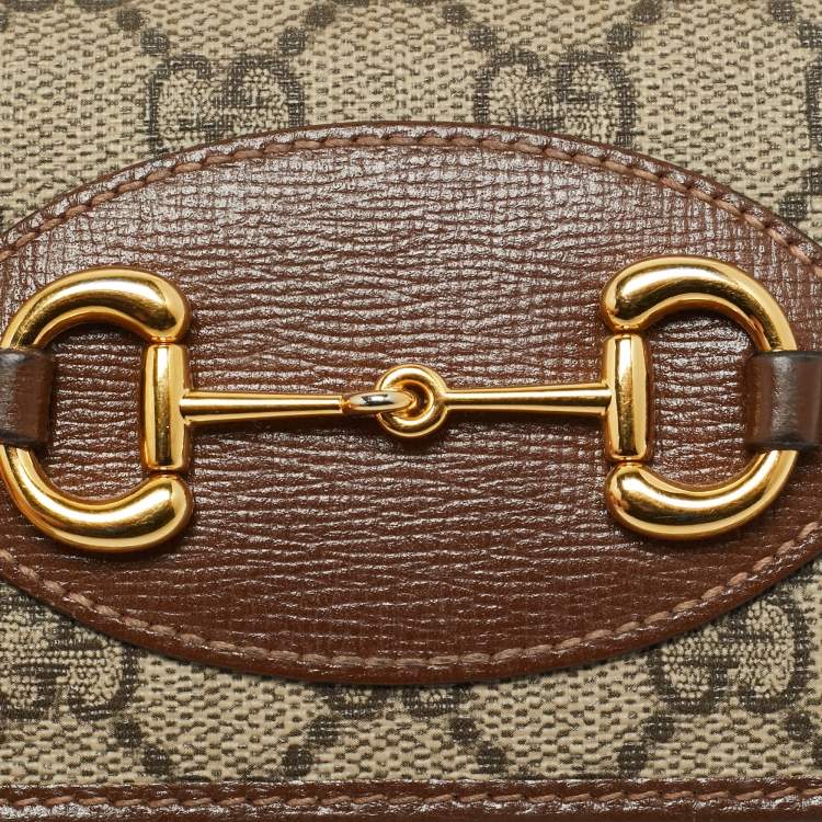 Pre Owned Gucci Horsebit 1955 Brown/Beige GG Supreme Canvas and Leather Flap Card Case