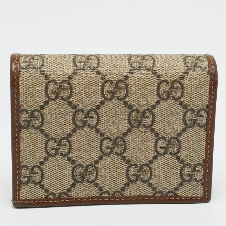 Pre Owned Gucci Horsebit 1955 Brown/Beige GG Supreme Canvas and Leather Flap Card Case
