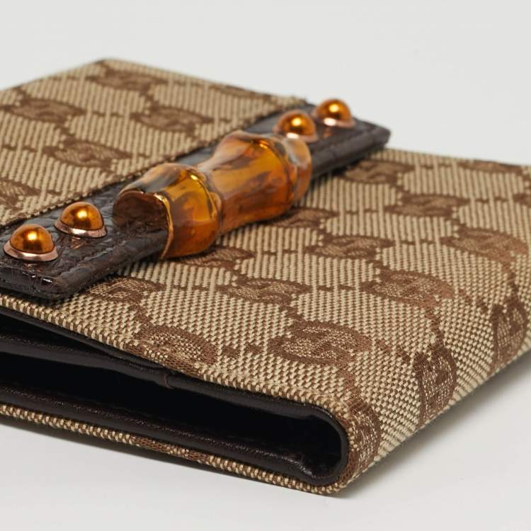 Pre Owned Gucci Bamboo Bar Beige/Brown GG Canvas and Croc Embossed Leather French Wallet