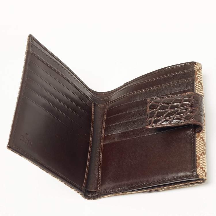 Pre Owned Gucci Bamboo Bar Beige/Brown GG Canvas and Croc Embossed Leather French Wallet