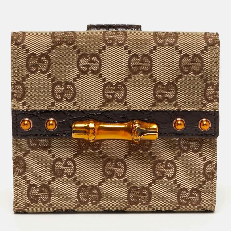Pre Owned Gucci Bamboo Bar Beige/Brown GG Canvas and Croc Embossed Leather French Wallet